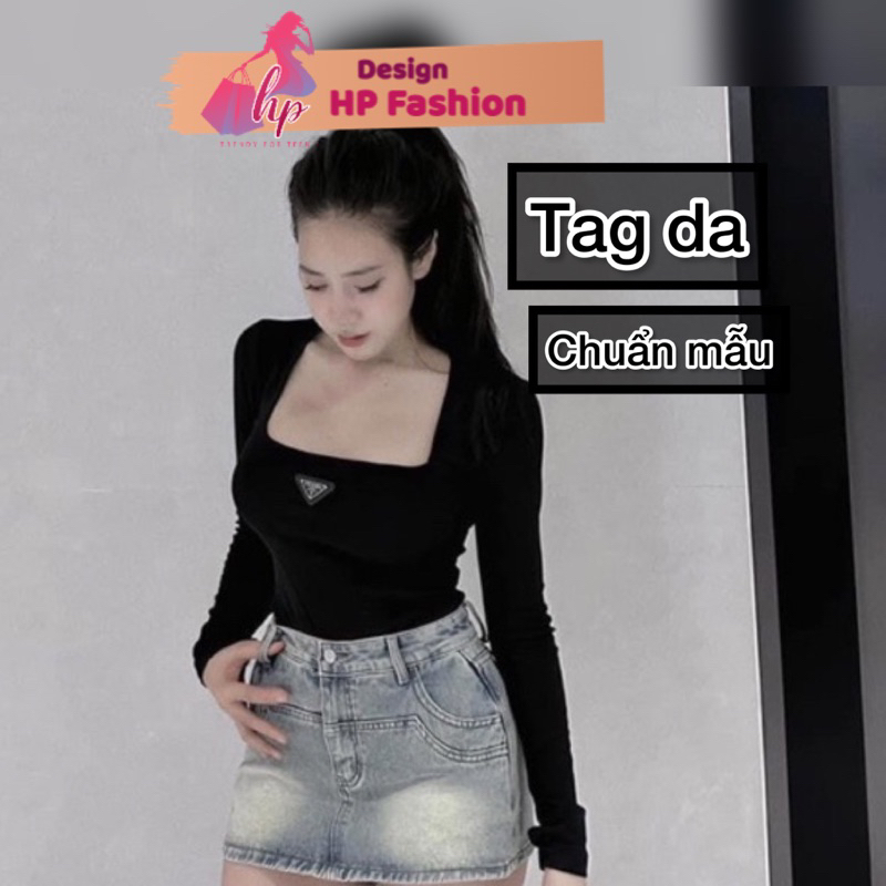 Áo body nữ tay dài cổ vuông, áo kiểu nữ phối logo sang chảnh  G426