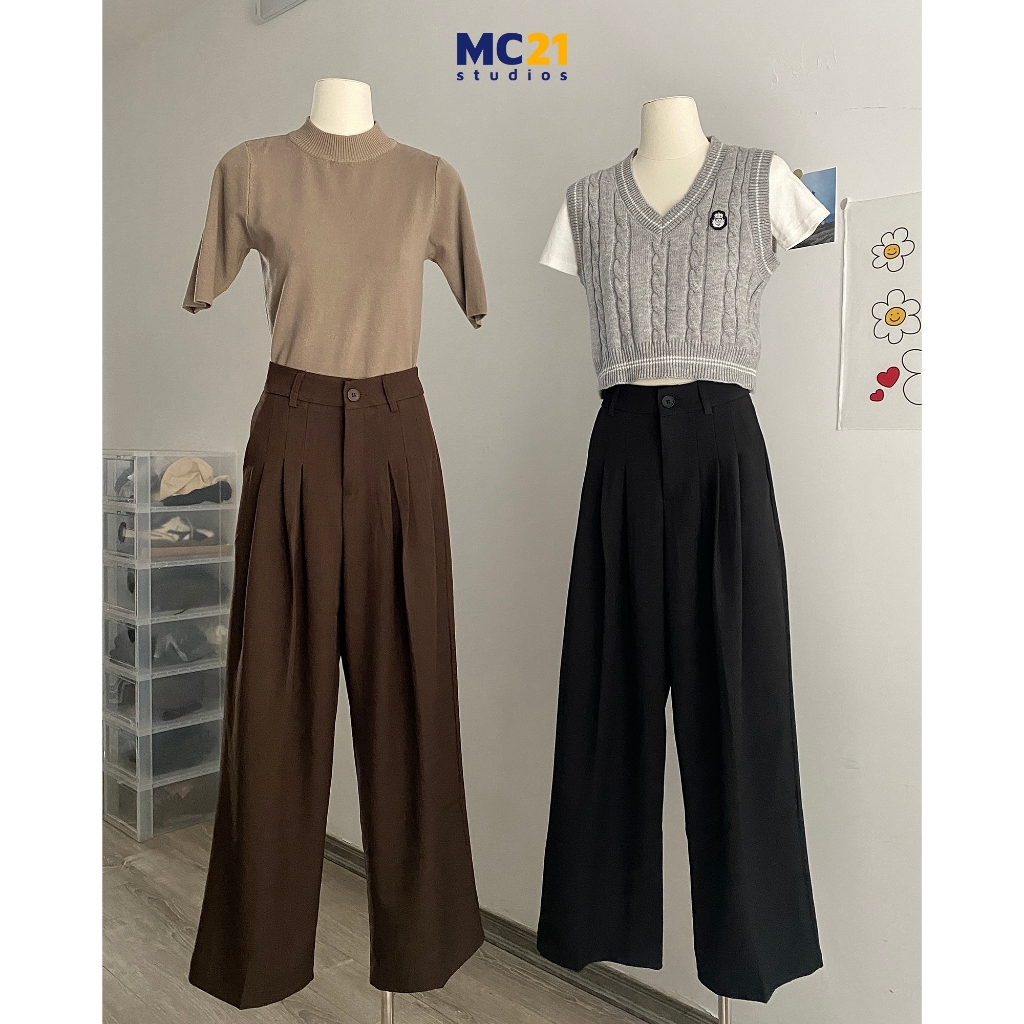 Quần vải ống rộng MC21.STUDIOS dáng suông bigsize lưng cạp cao Ulzzang pants Streetwear Hàn Quốc Q3801