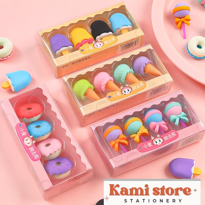 Set 4 cục gôm tẩy hình kẹo mút cây kem cute dê thương, nhiều màu sắc