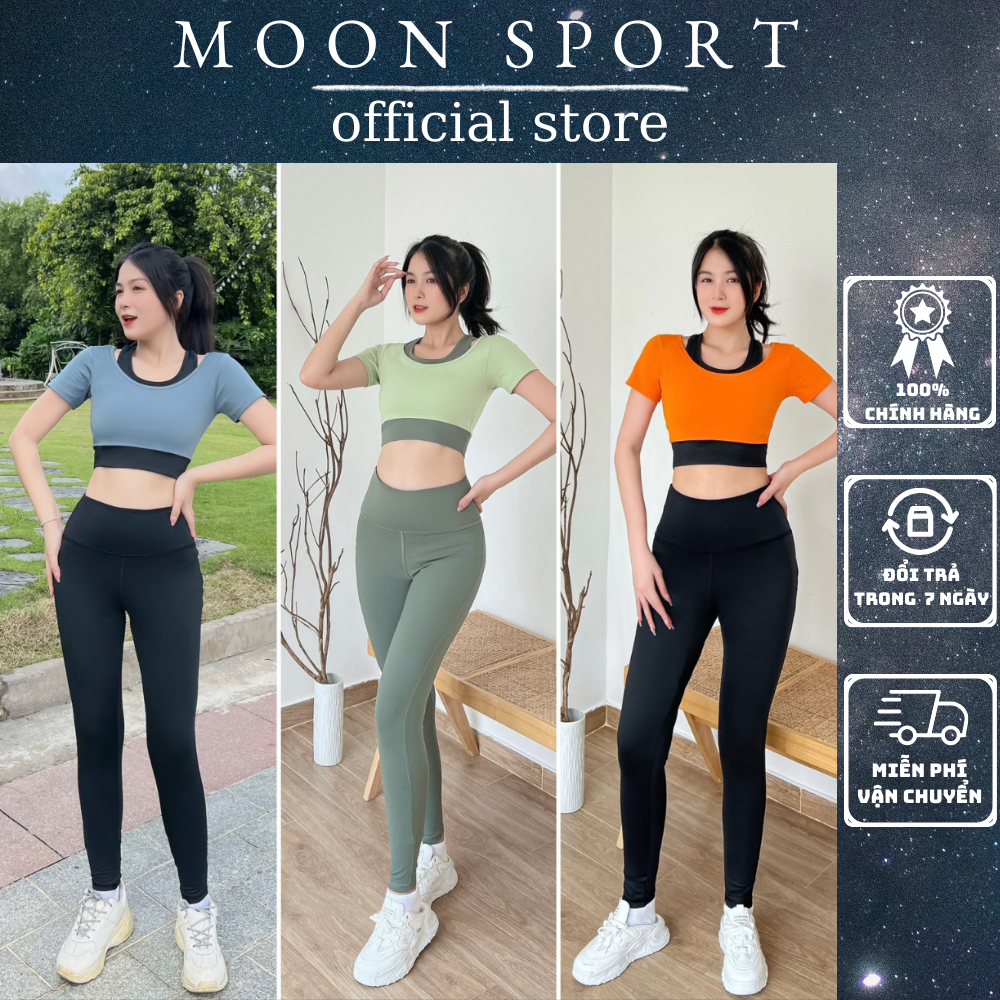 Bộ quần áo tập gym nữ phối mầu cộc tay quần dài, đồ thể thao yoga, erobic nữ thấm hút co giãn có mút đệm ngực D07