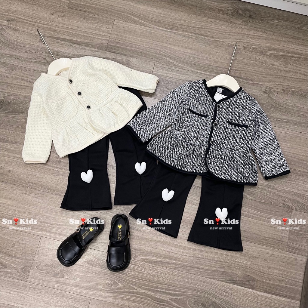 Bộ thu đông bé gái , sét bộ áo dạ dáng babydoll phối quần Xleo đính tim cho bé gái 10-30kg