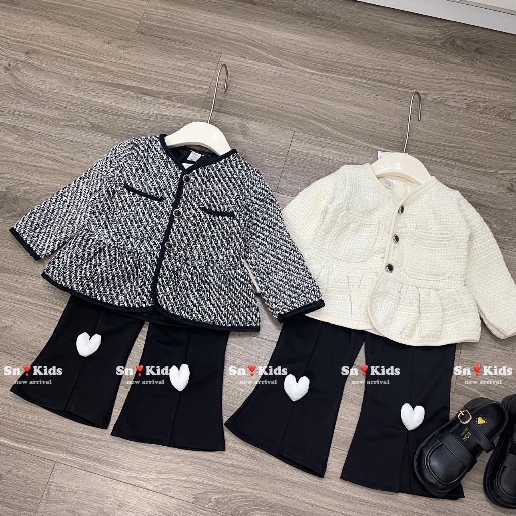 Bộ thu đông bé gái , sét bộ áo dạ dáng babydoll phối quần Xleo đính tim cho bé gái 10-30kg