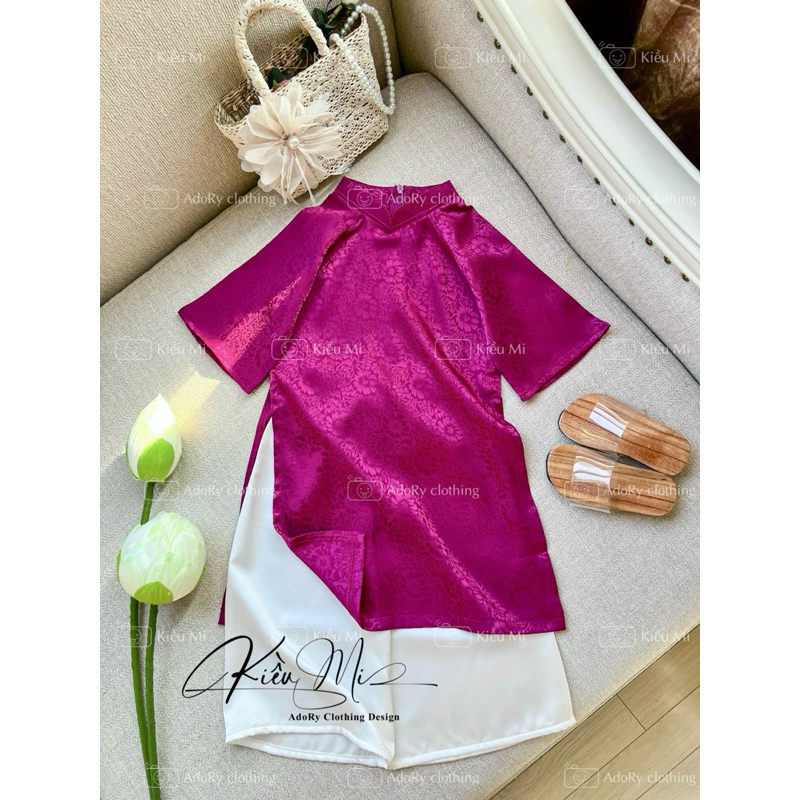 Áo dài gấm cổ trụ cách tân gấm cao cấp cho bé 10-36kg