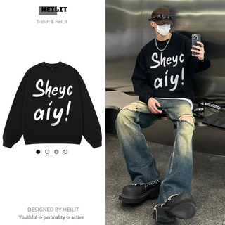 Áo Sweater Nam In Họa Tiết Chữ Sheycaiy HeiLit Nỉ Bông Form Rộng Cổ Tròn