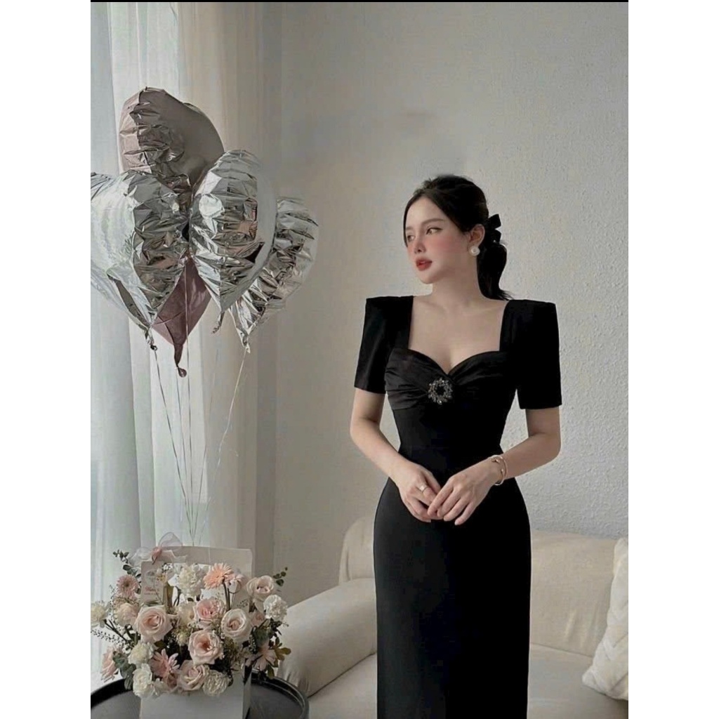 Váy tuyết mưa thiết kế dáng dài cổ vuông phối tay phồng ngực cài tag đá xinh xắn size SML TP81