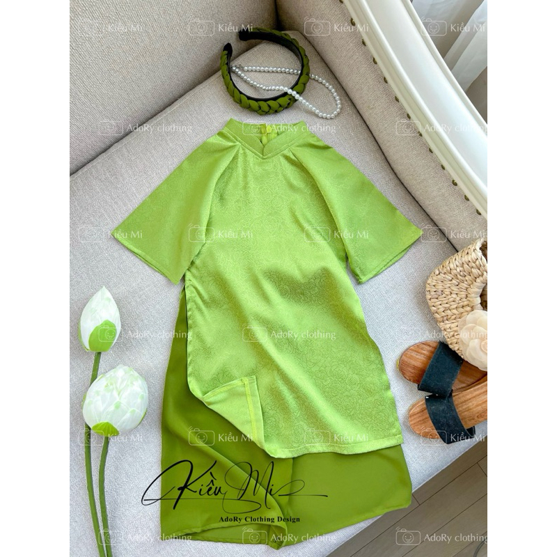 Áo dài gấm cổ trụ cách tân gấm cao cấp cho bé 10-36kg