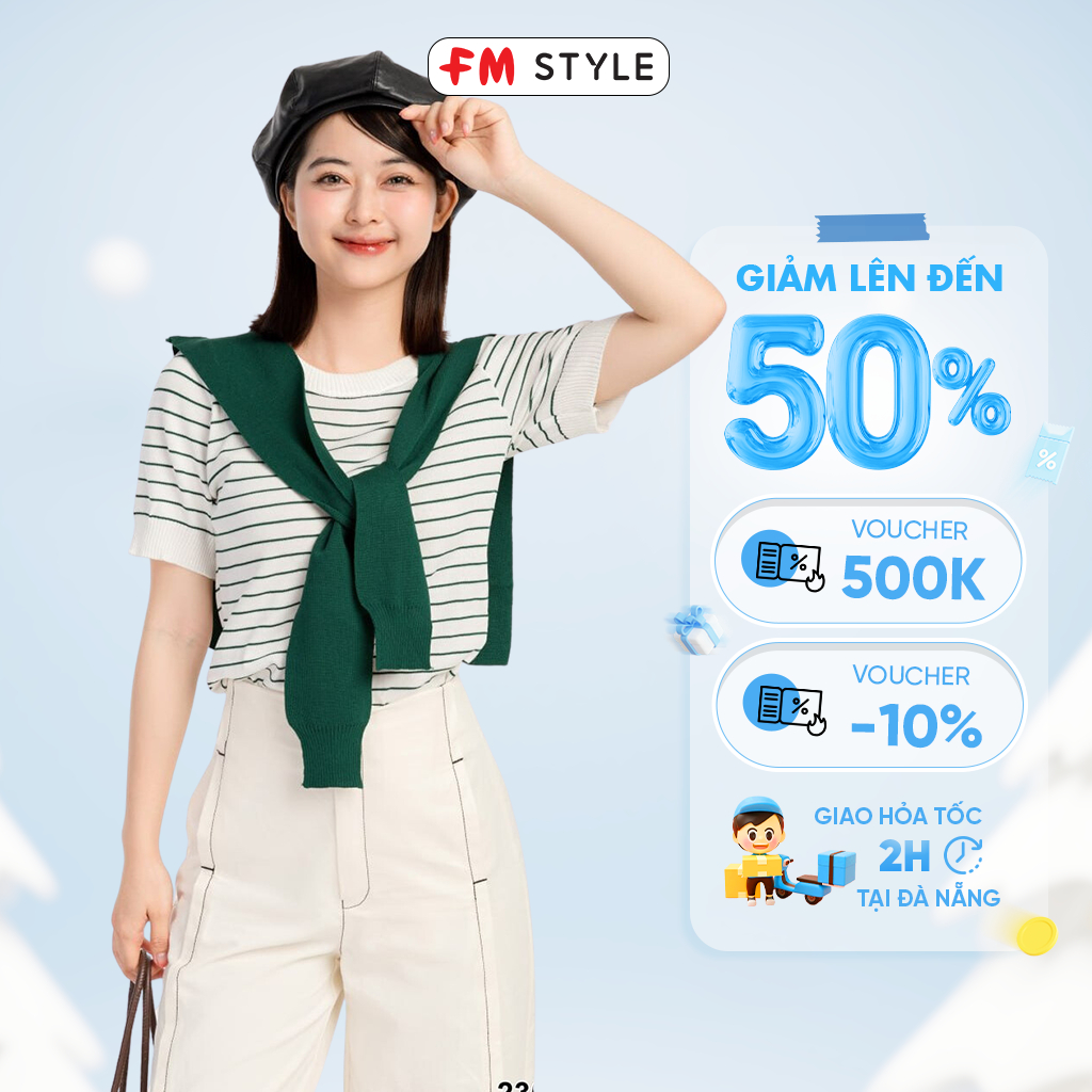 Áo dệt kim FMSTYLE tay ngắn nữ kẻ khăn choàng phong cách Hàn Quốc 23091198
