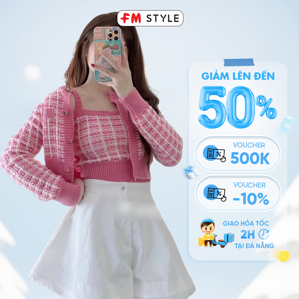 Áo khoác len/cardigan không mũ nữ họa tiết caro kèm áo 2dây FMSTYLE phong cách Hàn Quốc 23100373