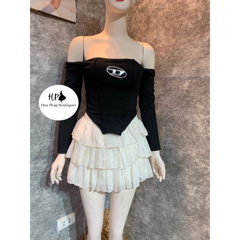 Áo trễ vai chữ D vạt trước dài