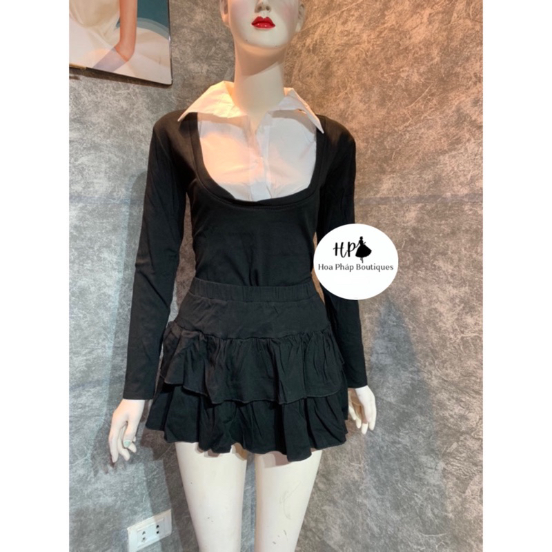 Sét áo tăm cổ nơ mix chân váy tầng siêu xinh