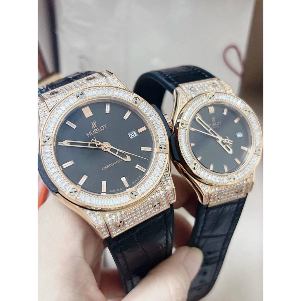ĐỒNG HỒ CẶP HUBLOT GENEVE FUSION Black G full đá  - SIZE 34,42mm- Máy quazt-chống nước- Bảo Hành 24 Thángg