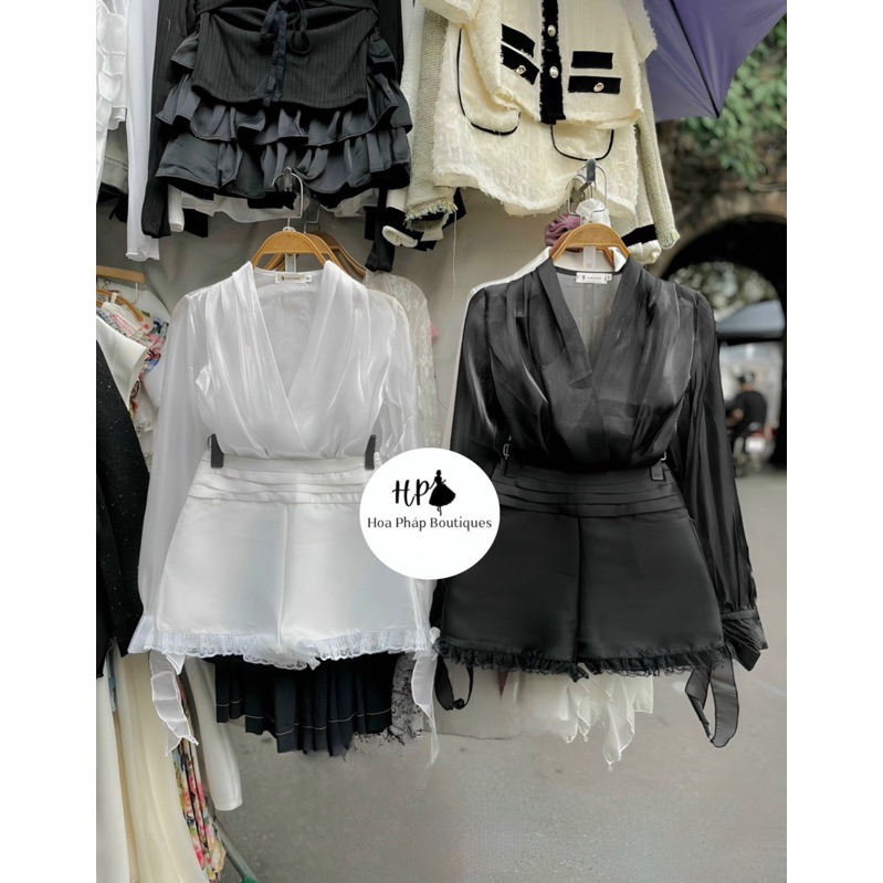 Sét áo sơ mi tơ óng mix quần tacta phối ren