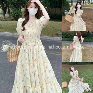 Đầm hoa nhí dáng dài bo chun loại vải xốp 2 lớp dày đẹp Nahouse váy tiểu thư maxi đi biển đi chơi thiết kế xinh xịn sang