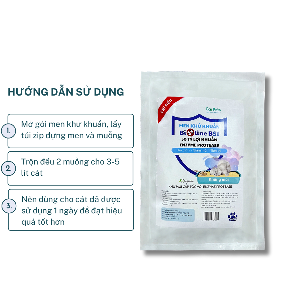 Men khử khuẩn Ecopets Bioline BS1 Cho Cát Vệ Sinh Mèo gói 500gr