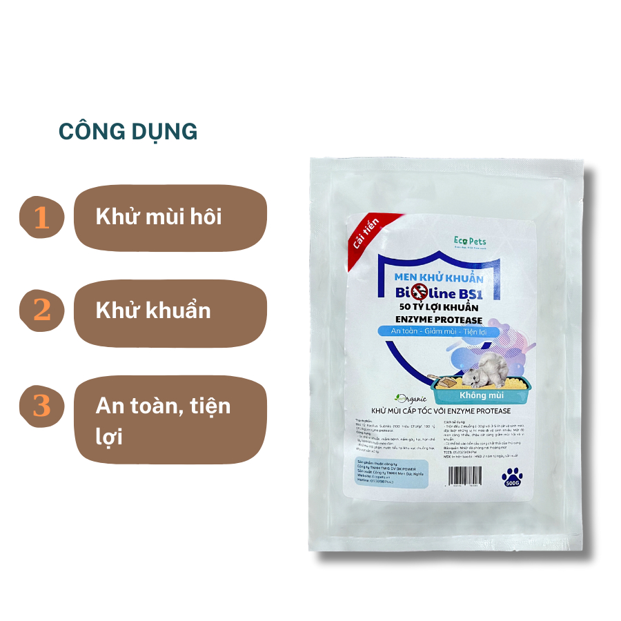 Men khử khuẩn Ecopets Bioline BS1 Cho Cát Vệ Sinh Mèo gói 500gr