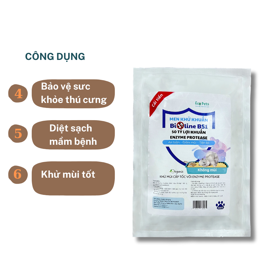 Men khử khuẩn Ecopets Bioline BS1 Cho Cát Vệ Sinh Mèo gói 500gr