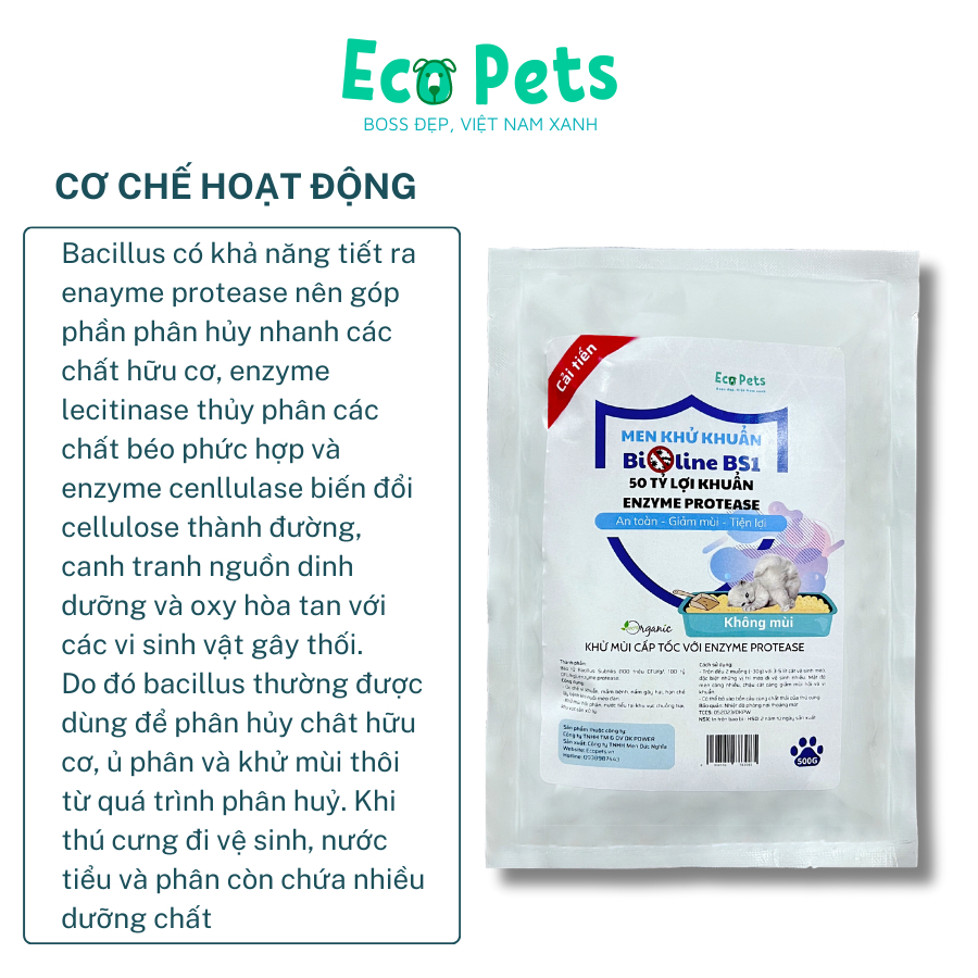 Men khử khuẩn Ecopets Bioline BS1 Cho Cát Vệ Sinh Mèo gói 500gr