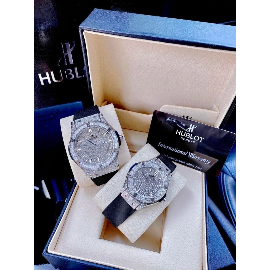 ĐỒNG HỒ CẶP HUBLOT GENEVE FUSIOM Nạm full đá - dây cao su - SIZE 34,42mm- Máy quazt- Bảo Hành 24 Thángggg