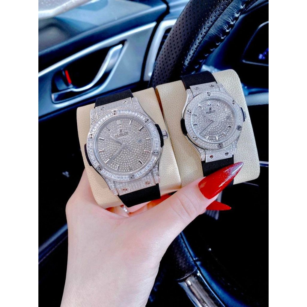 ĐỒNG HỒ CẶP HUBLOT GENEVE FUSIOM Nạm full đá - dây cao su - SIZE 34,42mm- Máy quazt- Bảo Hành 24 Thángggg