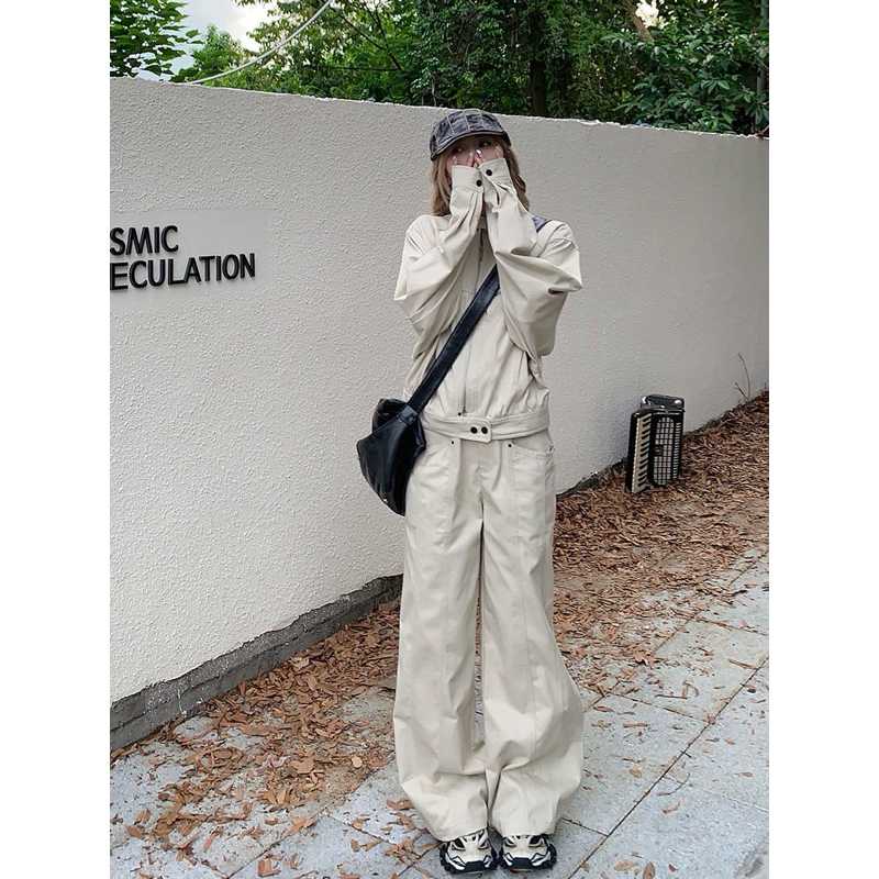 Set đồ áo khoác dáng ngắn kèm quần ống rộng lưng cao chất liệu kaki cho nữ bộ đồ thời trang mới 2023