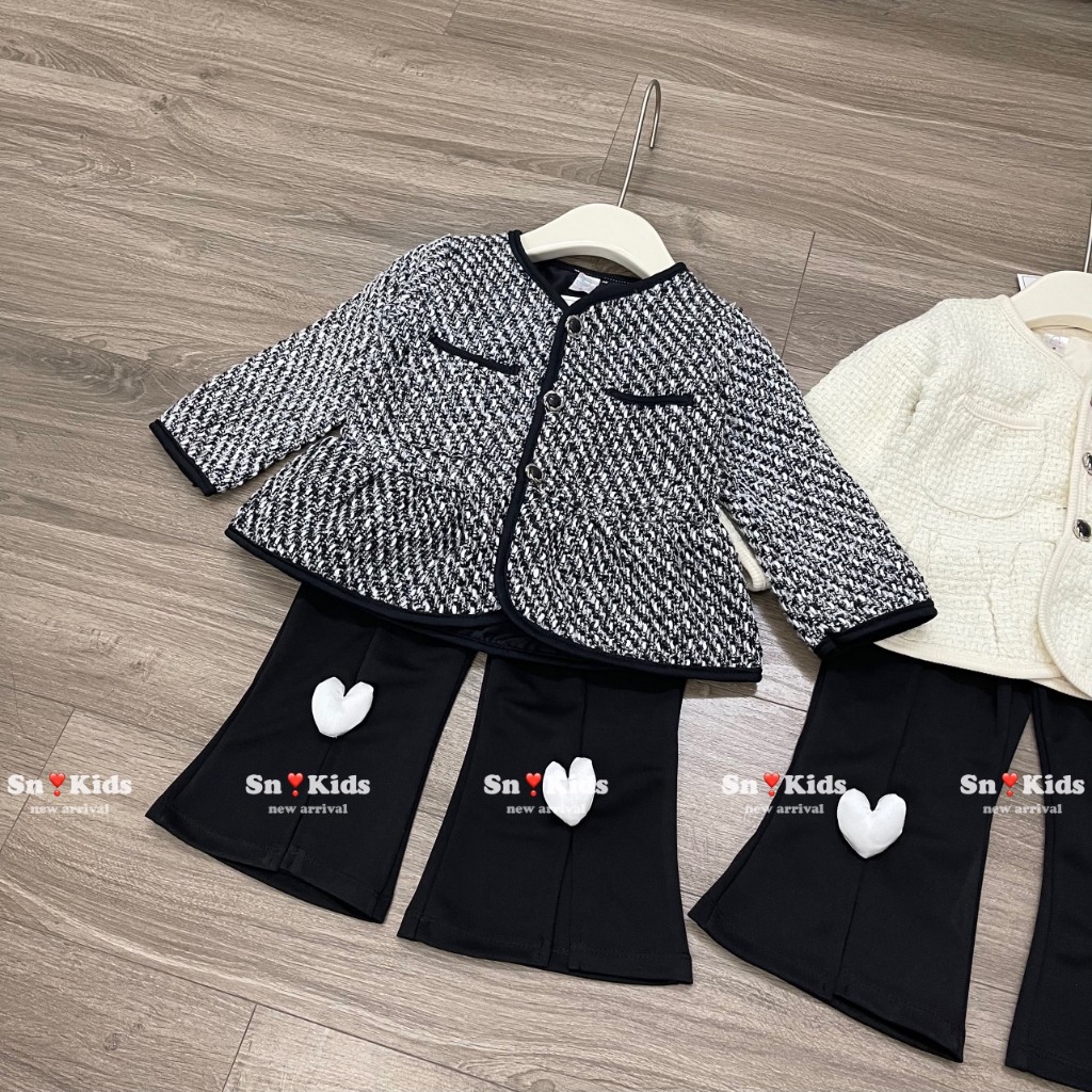 Bộ thu đông bé gái , sét bộ áo dạ dáng babydoll phối quần Xleo đính tim cho bé gái 10-30kg