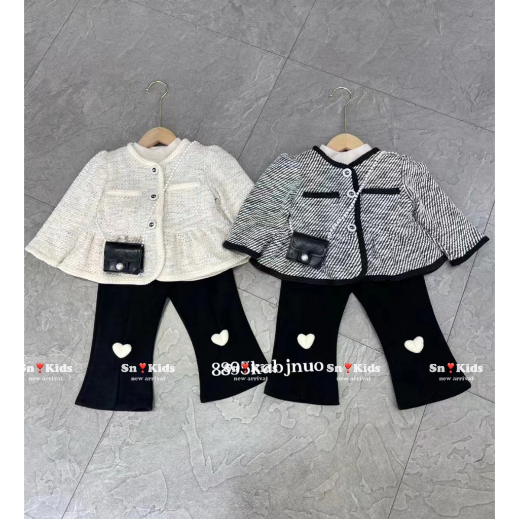 Bộ thu đông bé gái , sét bộ áo dạ dáng babydoll phối quần Xleo đính tim cho bé gái 10-30kg