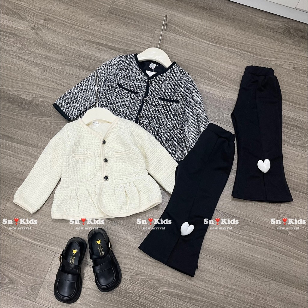 Bộ thu đông bé gái , sét bộ áo dạ dáng babydoll phối quần Xleo đính tim cho bé gái 10-30kg