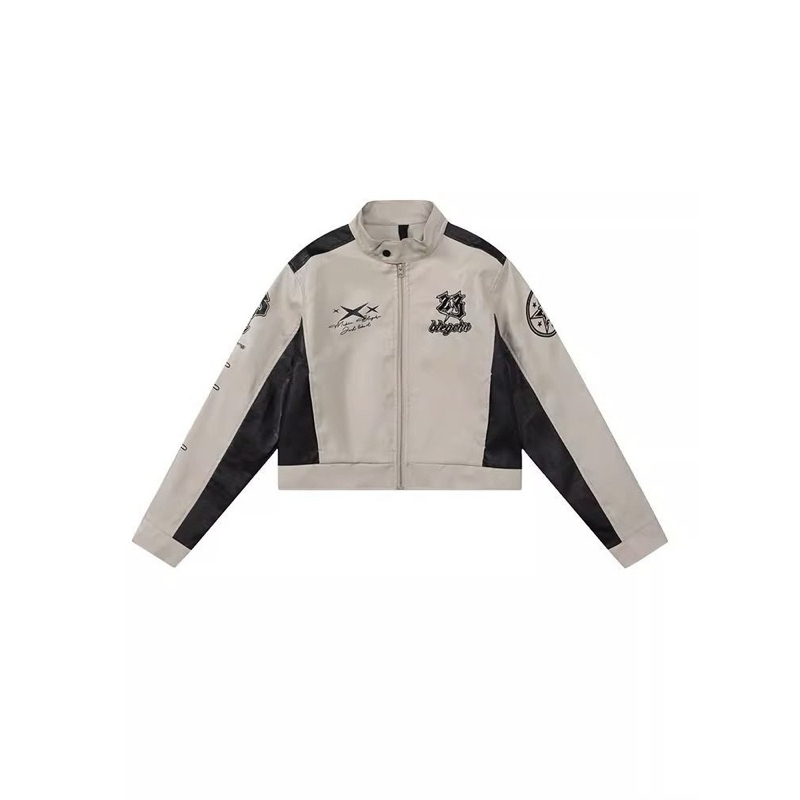 Áo khoác bóng chày dáng ngắn Bleg chất liệu da PU hoạ tiết thêu