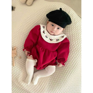 bodysuit đỏ kèm mũ cho bé, bodysuit cho bé mặc tết, bộ liền thân nỉ đỏ lót lông cho bé