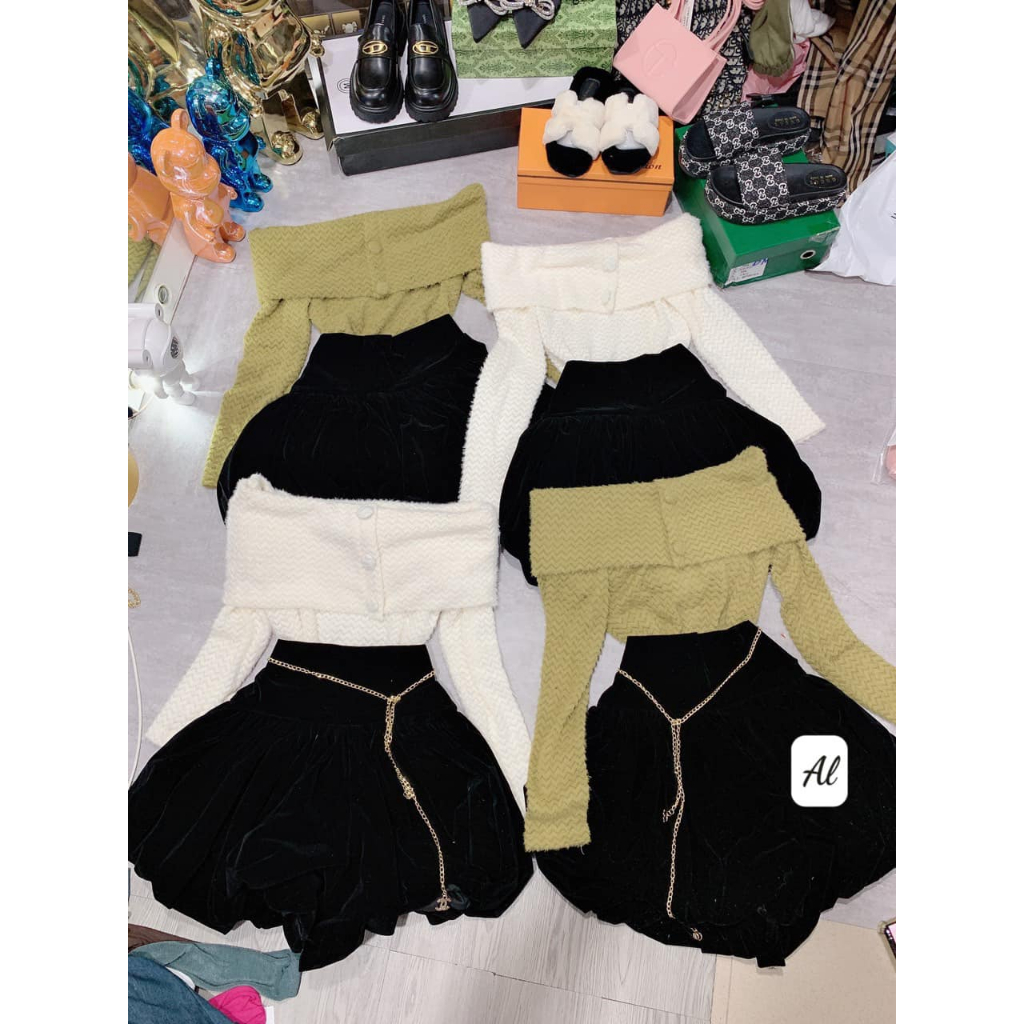 Sét áo ren lông trễ vai dài tay + chân váy nhung cạp cao dáng ngắn