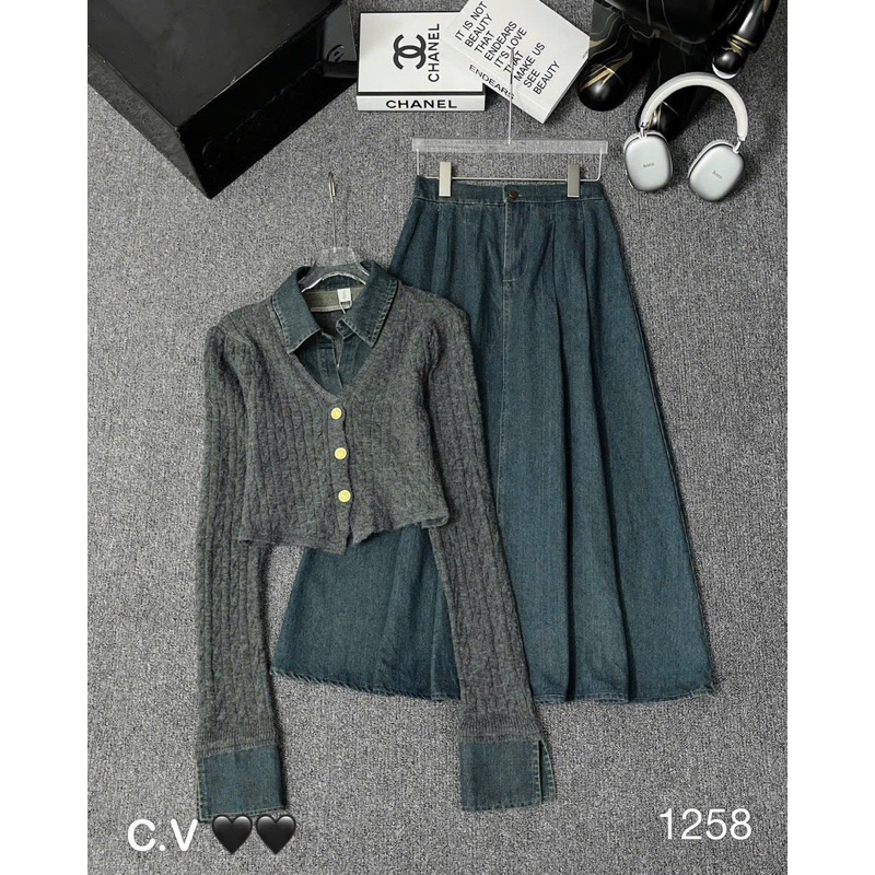 Set bò jean phối áo len thừng 2 màu