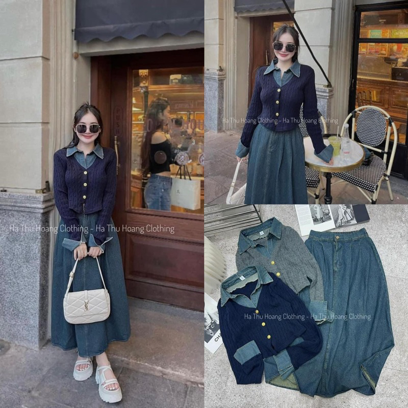 Set bò jean phối áo len thừng 2 màu