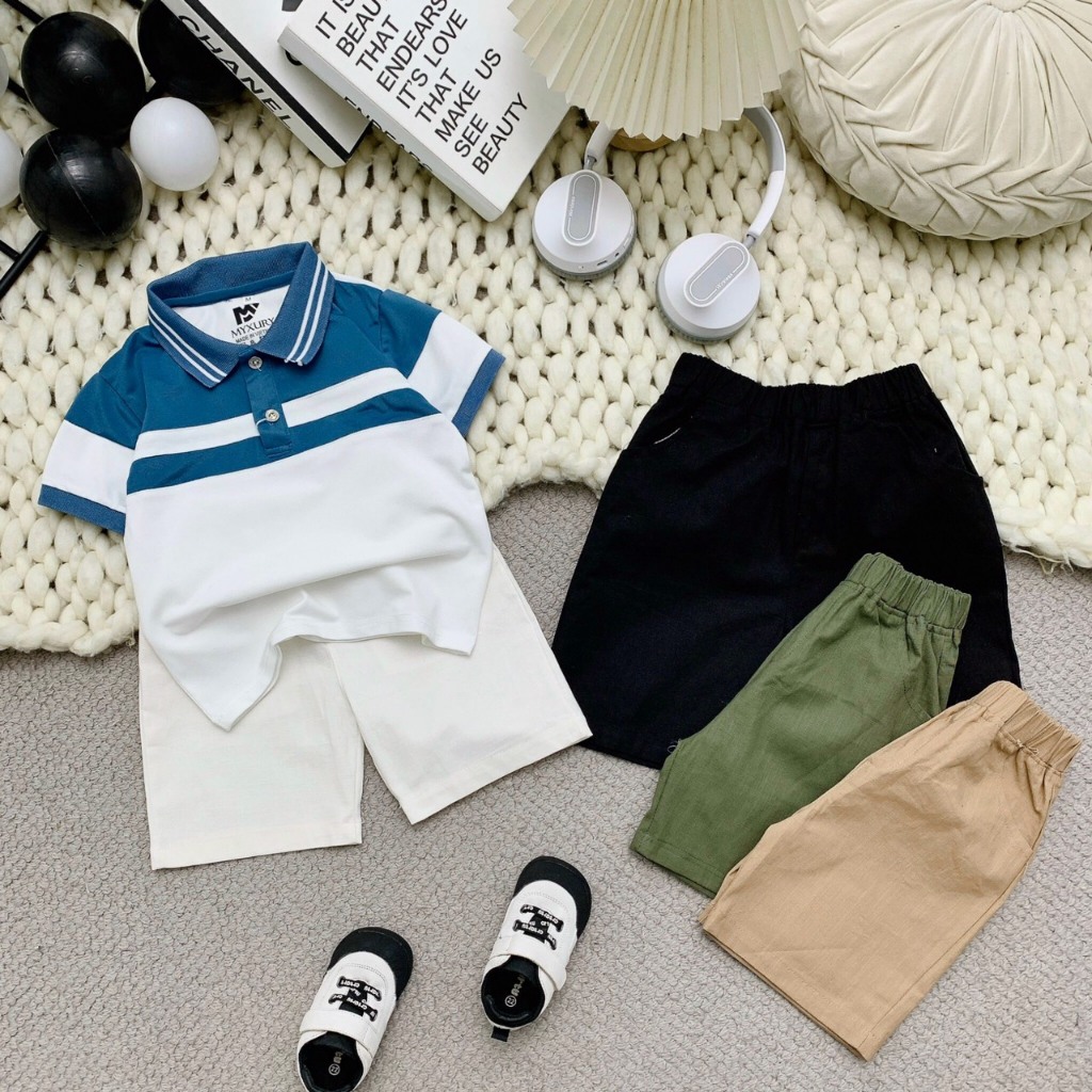 bộ quần áo Short cộc tay cho bé trai áo Polo và quần Kaki siêu đẹp phong cách Hàn Quốc - Size từ 10-35kg
