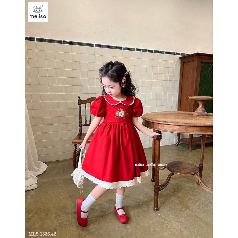 Đầm Melisa tay bồng thêu hoa ngực cực xinh 10-40kg