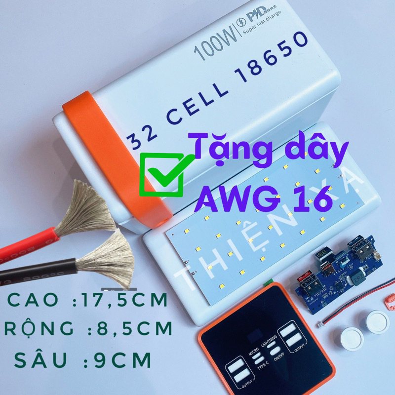 [TẶNG DÂY AWG 16]Box sạc dự phòng 23 và 32 cell 18650 tích hợp đèn led siêu sáng,sạc nhanh 22,5w