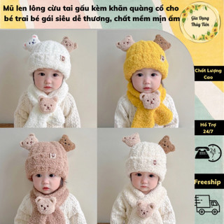 Mũ len lông cừu tai gấu kèm khăn quàng cổ cho bé trai bé gái siêu dễ thương, chất mềm mịn ấm