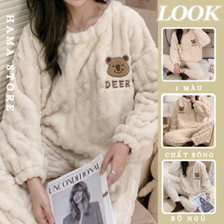 Bộ đồ ngủ bông mặc ở nhà dài tay mùa đông nữ chất bông mềm mịn hình mặt gấu cute dày dặn phong cách Hàn Quốc-BNB10
