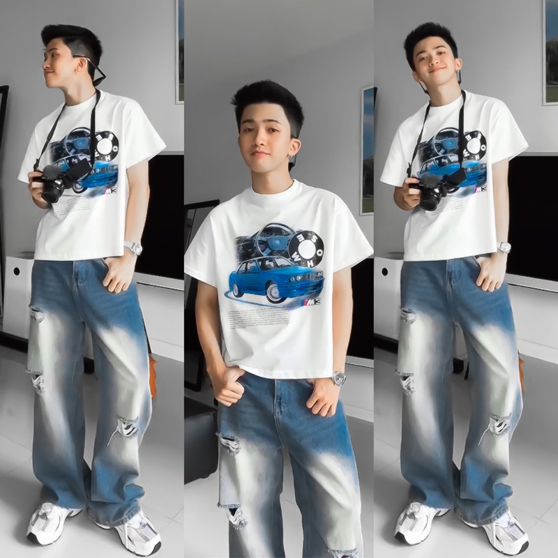 XANH KHÓI BIỂN RÁCH l- QUẦN JEANS WASH ỐNG RỘNG PHỦ GÓT GIÀY HALO KAKI