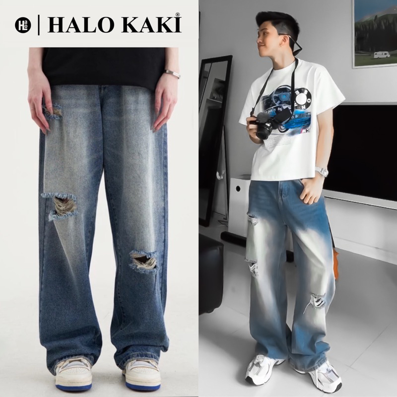 XANH KHÓI BIỂN RÁCH l- QUẦN JEANS WASH ỐNG RỘNG PHỦ GÓT GIÀY HALO KAKI