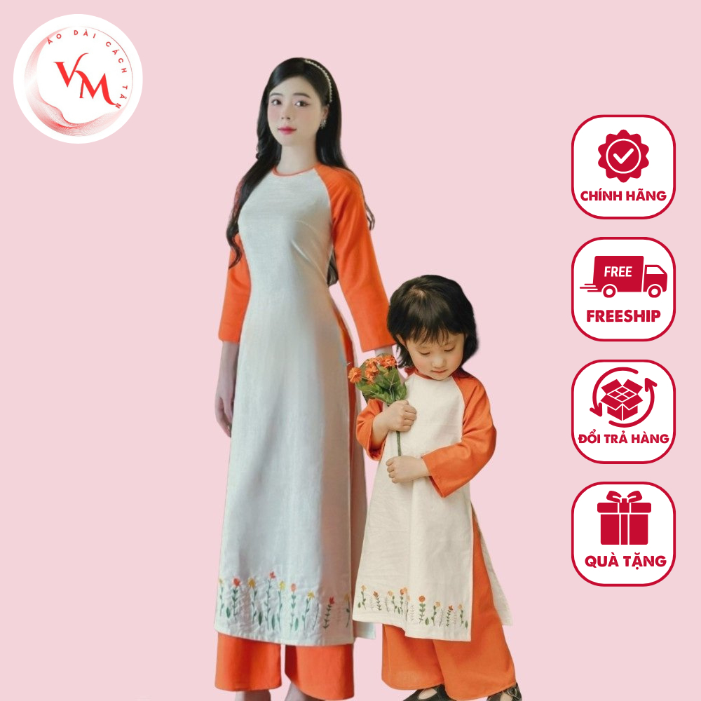 Áo dài cách tân mẹ và bé gái thêu hoa nhí màu kem phối cam chất liệu linen mềm mịn form suông - Áo dài Viên Minh - VM01