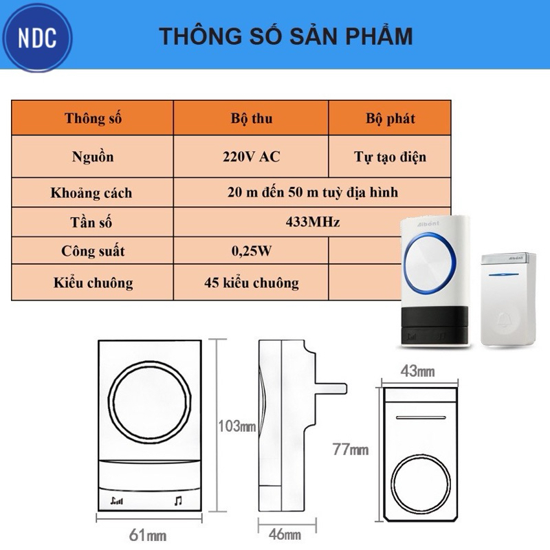 Chuông Cửa Không Dây Cao Cấp Aibont Không Dùng Pin, Chống Nước, Khoảng Cách 300m