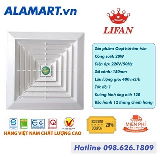 Quạt hút âm trần lifan ht-30b đường kính ống nối 120 âm trần 260 x 260mm