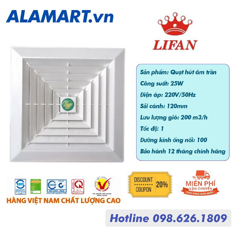 Quạt Hút Âm Trần Lifan HT-20B đường kính ống nối 100 âm trần 210 x 210mm