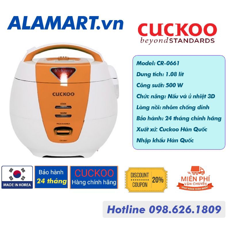 Nồi cơm điện Cuckoo CR-0661 nhập khẩu Hàn Quốc dùng gia đình 2 - 4 người ăn nấu 0.5kg
