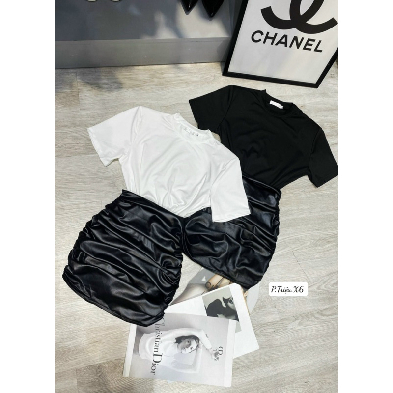 Set áo kèm chân váy da nhăn