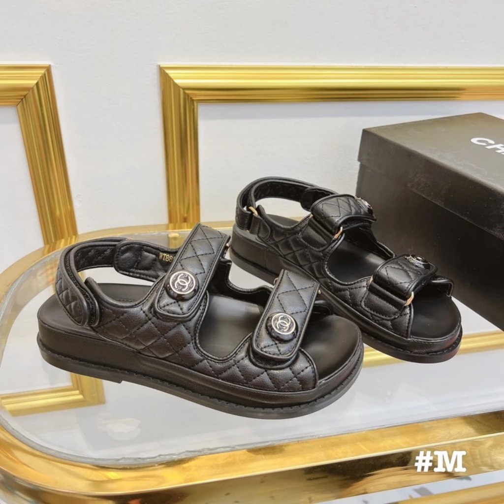 Sandal nữ quai dán trần chỉ khuy tròn C C đế thấp Nguyên hộp hãng cao cấp
