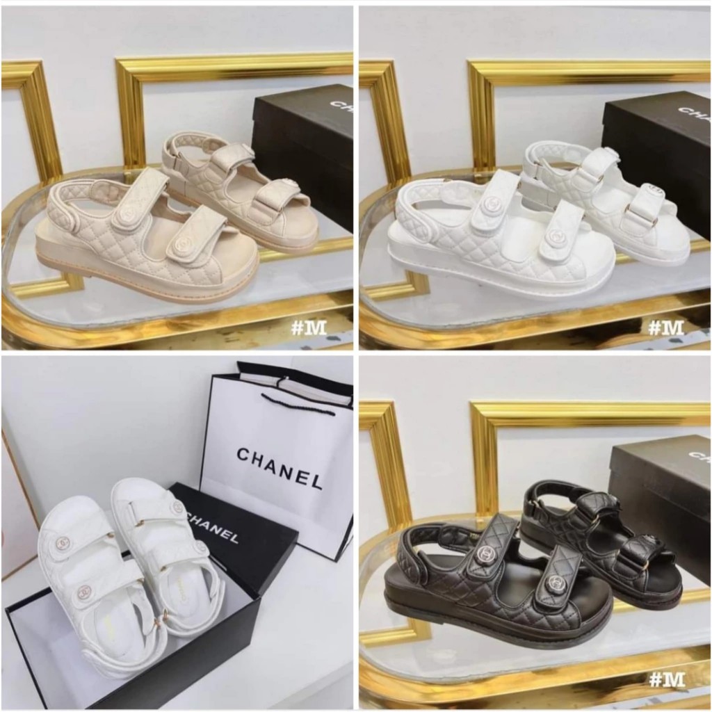 Sandal nữ quai dán trần chỉ khuy tròn C C đế thấp Nguyên hộp hãng cao cấp