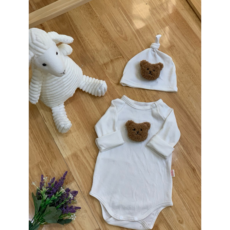 Bodysuit dài tay cho bé trai ,bé gái kèm quần dài và mũ vải cotton gân hàn mềm mại co giãn,mặc thu đông từ 4 đến 12kg.