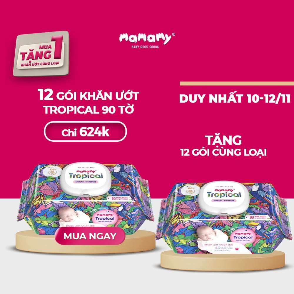 Mua 12 gói khăn ướt Mamamy Tropical 90 tờ tặng 12 gói cùng loại