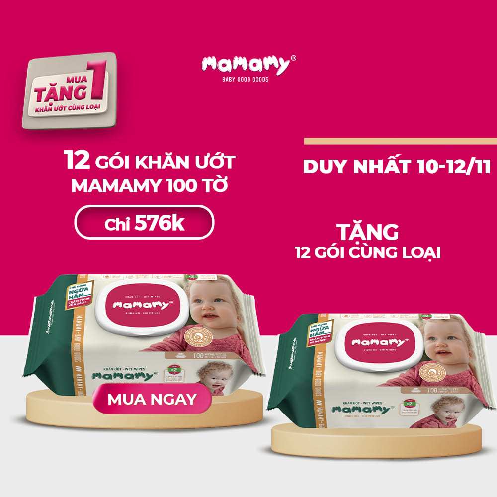 [DUY NHẤT 10-12/11 - MUA 12 TẶNG 12] Mua 12 gói khăn ướt Mamamy 100 tờ tặng 12 gói cùng loại